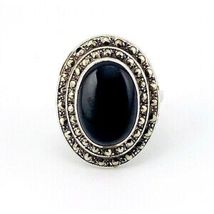 Uncas Sterling Silver Marcasite Black Onyx Ring Art Deco Statement Sz 4.75